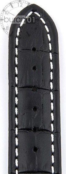   Uhrenarmband Kroko-Look V2 Dornschließe - Leder, geprägt - schwarz mit weißer Naht 