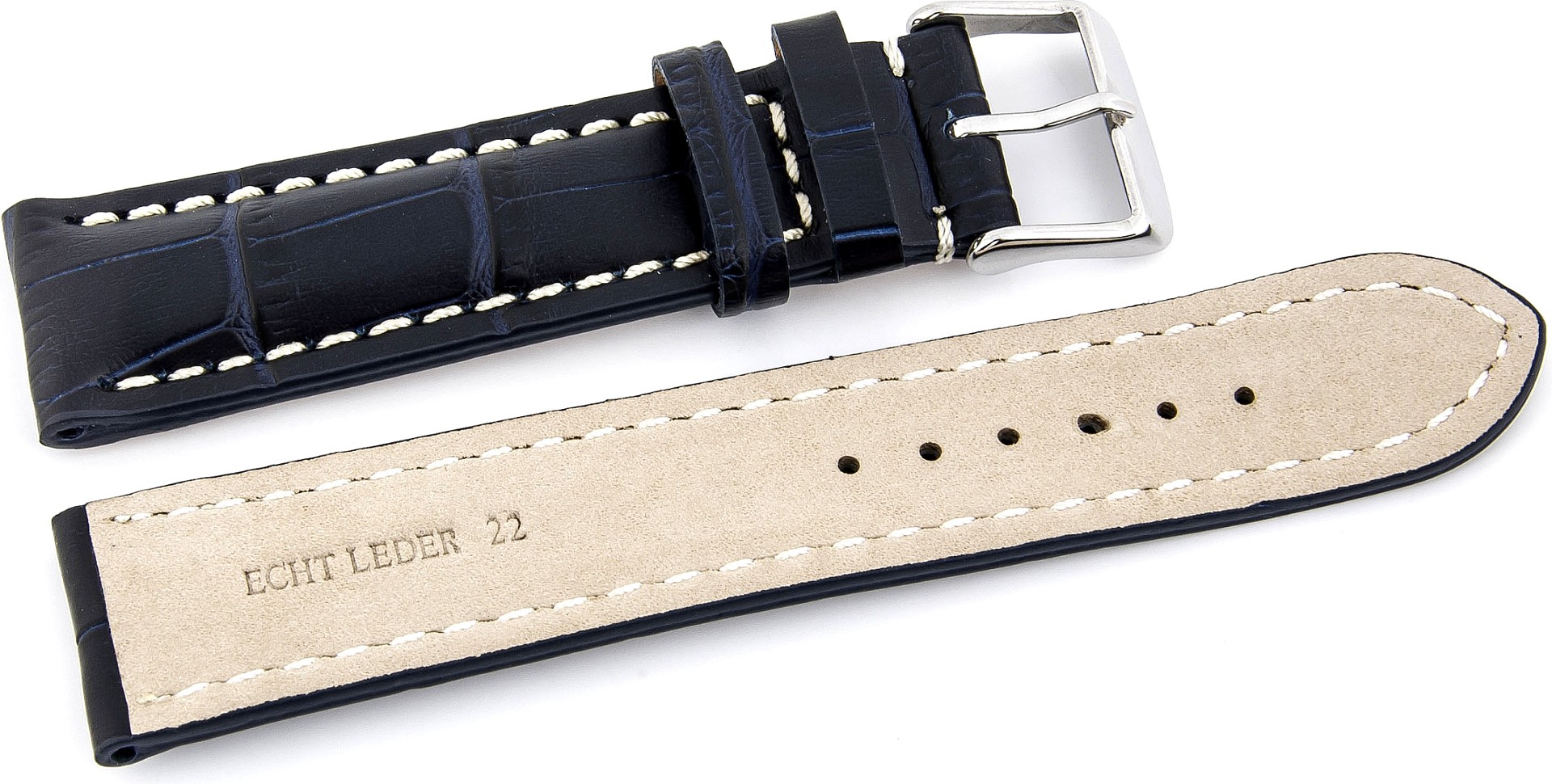   Uhrenarmband Kroko-Look 17J Dornschließe - Extra gepolstert, Leder, geprägt - dunkelblau mit weißer Naht 