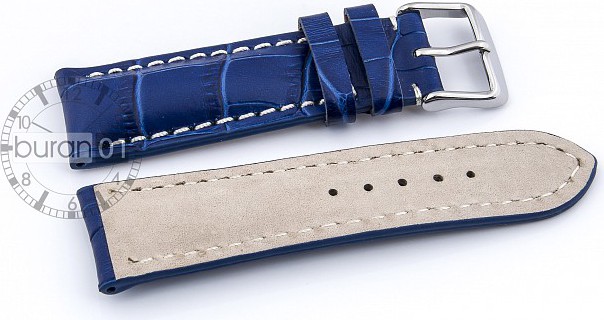   Uhrenarmband Kroko Look 17J Dornschließe - Leder, geprägt, Extra gepolstert - blau mit weißer Naht 