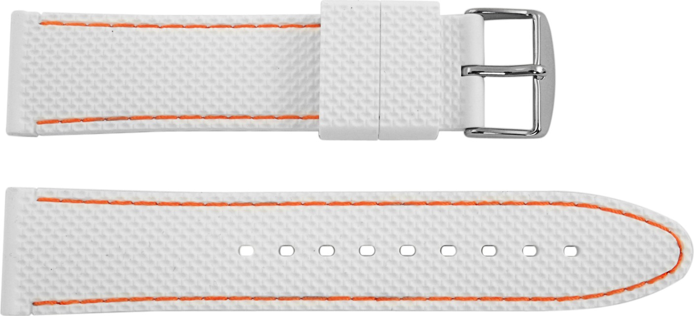   Uhrenarmband Reifen Dornschließe - Silikon - weiß mit oranger Naht 