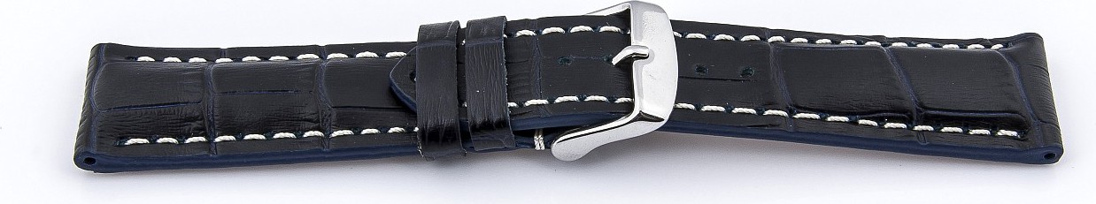   Uhrenarmband Kroko Look 17J Dornschließe - Leder, geprägt, XS-Größen - dunkelblau mit weißer Naht 