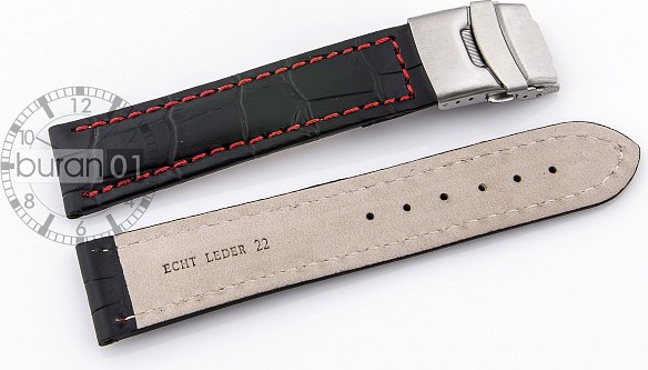   Uhrenarmband Kroko-Look Faltschließe - Leder, geprägt - schwarz mit roter Naht 