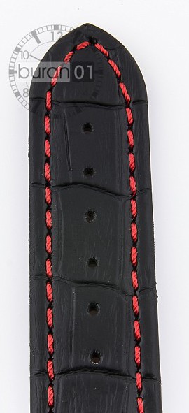   Uhrenarmband Kroko-Look Faltschließe - Leder, geprägt - schwarz mit roter Naht 