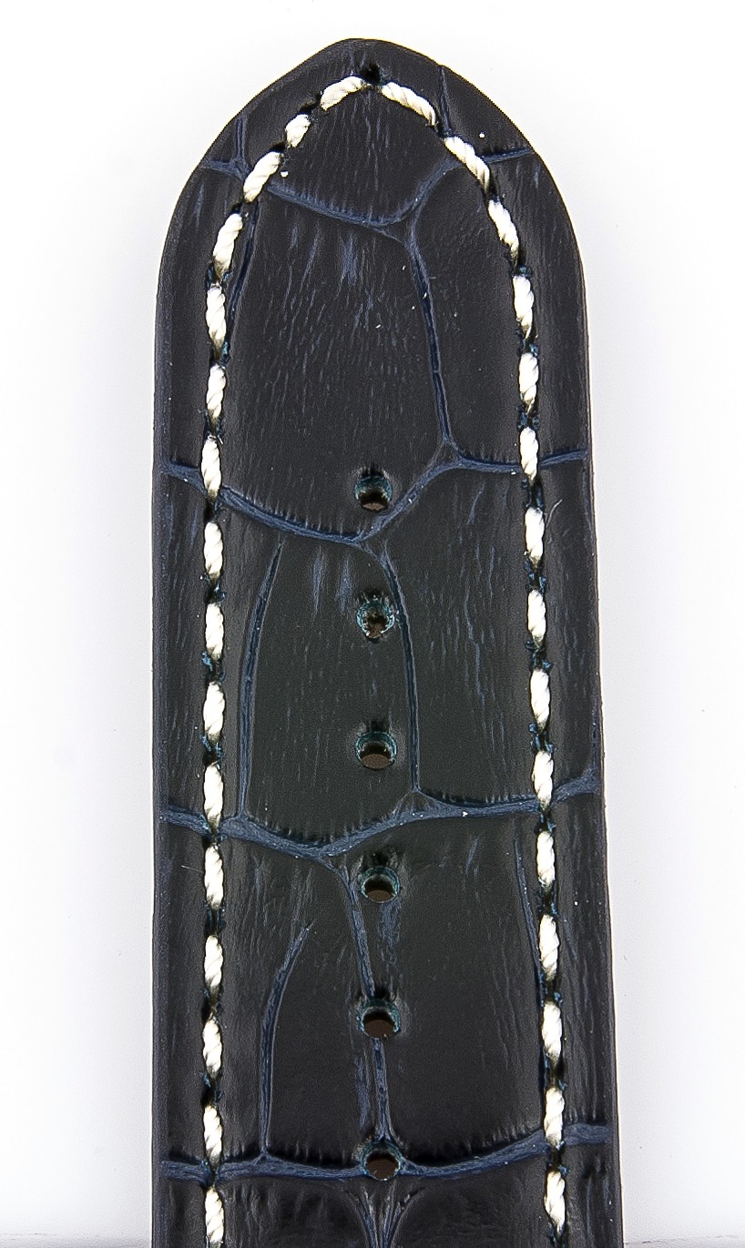   Uhrenarmband Kroko-Look 17J Faltschließe - Leder, geprägt - dunkelblau mit weißer Naht 