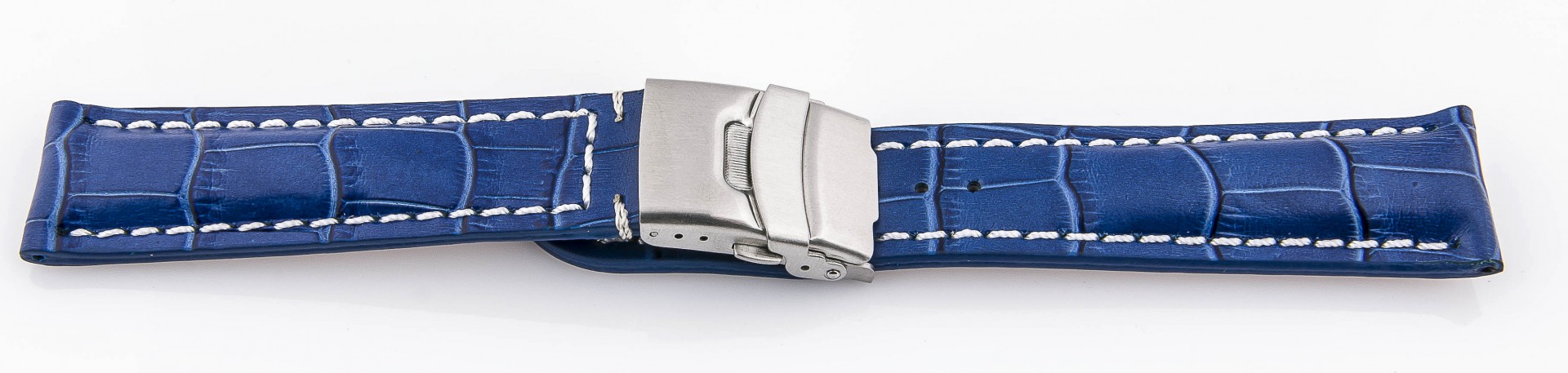   Uhrenarmband Kroko-Look 17J Faltschließe - Leder, geprägt - königsblau mit weißer Naht 
