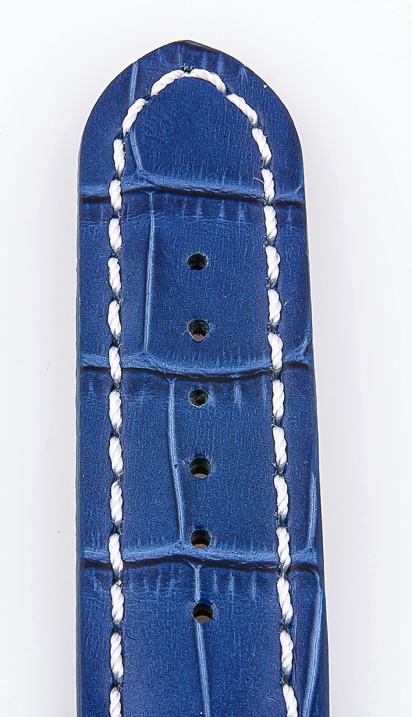   Uhrenarmband Kroko-Look 17J Faltschließe - Leder, geprägt - königsblau mit weißer Naht 
