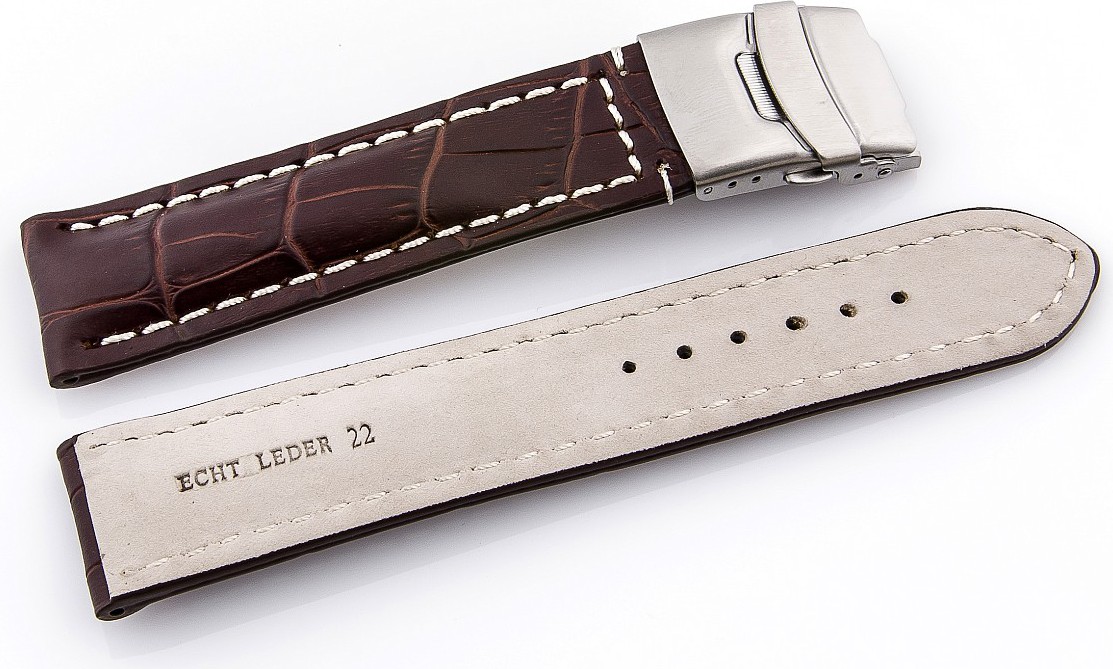   Uhrenarmband Kroko-Look 17J Faltschließe - Leder, geprägt - dunkelbraun mit weißer Naht 