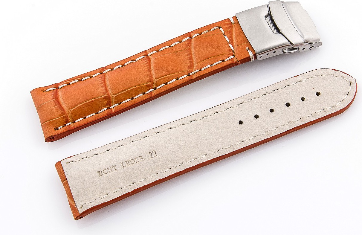   Uhrenarmband Kroko-Look 17J Faltschließe - Leder, geprägt - Orange mit weißer Naht 