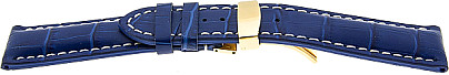   Uhrenarmband Kroko Look 17J Kippfaltschließe - Extra gepolstert, Leder, geprägt - blau mit weißer Naht 