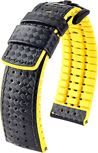   Uhrenarmband Kautschuk schwarz/gelb mit Dornschließe, Naht schwarz 