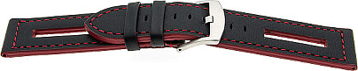   Uhrenarmband Sportina Open Dornschließe - Leder, gelocht - schwarz mit roter Naht 