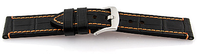   Uhrenarmband Leder, extra stark schwarz mit Dornschließe, Naht orange 