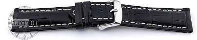   Uhrenarmband Kroko Look 17J Dornschließe - Leder, geprägt, Extra gepolstert - schwarz mit weißer Naht 