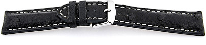  Uhrenarmband 17J Dornschließe - Echt Strauß, Extra gepolstert - schwarz mit weißer Naht 