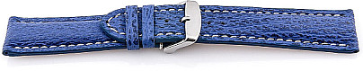   Uhrenarmband 17J Dornschließe - Echt Haifisch, Extra gepolstert - blau mit weißer Naht 
